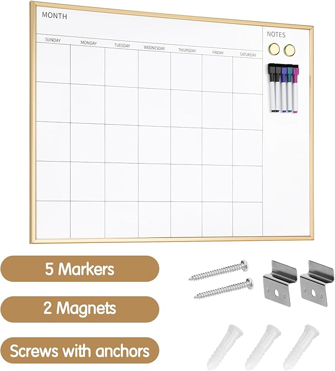 VUSIGN Monthly Calendar Whiteboard, 30" x 20" Gold Wooden Frame | Magnetic Dry Erase Calendar with 2 Magnets & 5 Whiteboard Pens, Monthly Calendar Whiteboard for Office School Home