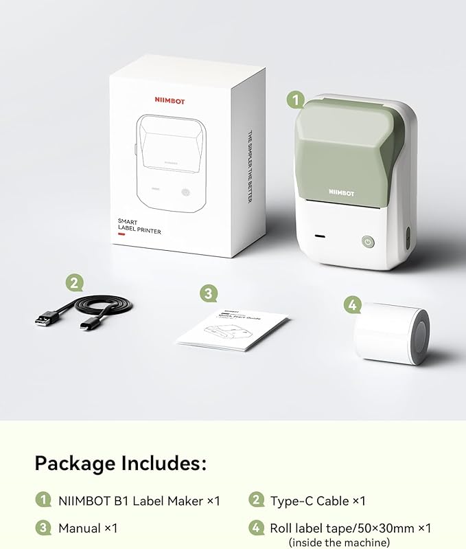 NIIMBOT B1 Label Maker Machine with Tape, 2Inch Thermal Label Printer | Portable, Bluetooth, Multiple Templates App, for Home, School, Office, Small Business, Compatible with Phones and PC (Green)