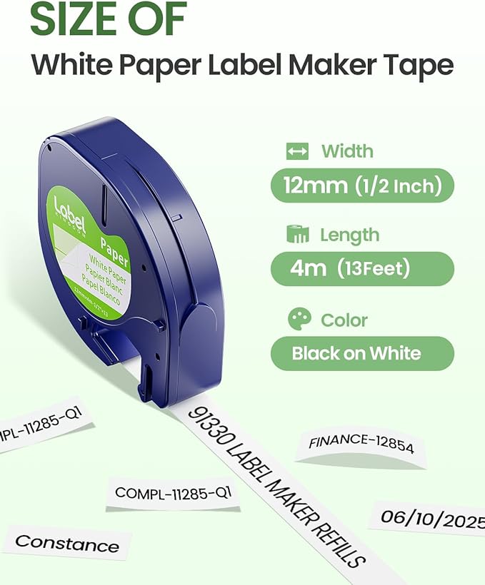 10-Pack 91330 Label KINGDOM Label Compatible with DYMO LetraTag Label Maker Refills 91330 White Paper Tape Refills 12mm x 4m (1/2" x 13') for Labeler Letra Tag 200B LT 100H 100T Plus