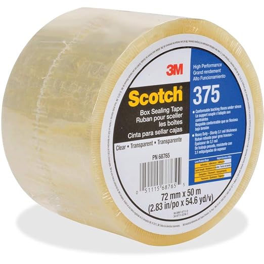 3M Scotch Box Sealing Tape 375, Clear, 72 mm x 50 m, 1 Roll | High Performance for Heavy-Duty Commercial Box and Carton Sealing, Moving, Packaging and Shipping