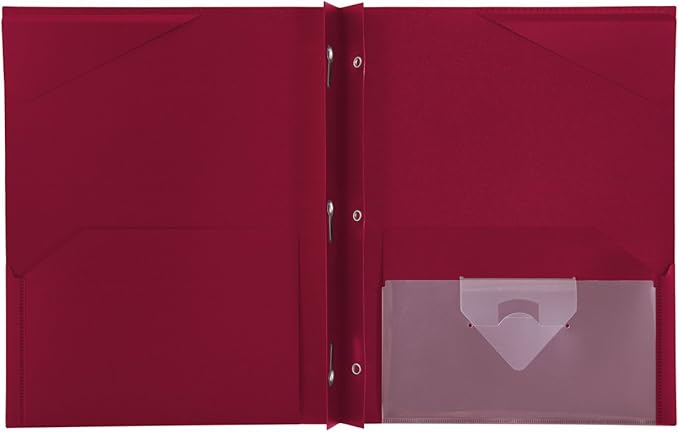Five Star 2 Pocket Folder, Stay-Put Folder, Plastic Colored Folders with Pockets & Prong Fasteners for 3-Ring Binders, 8-1/2” x 11", Fire Red (72109) (Pack of 3)