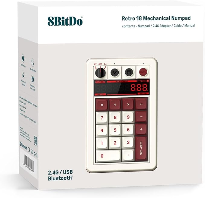 8Bitdo 18 Keys Retro Mechanical Numpad, Supports PC Numpad & Standard Calculator Mode, Hot-swappable, PC Calculator Shortcut Button, Bluetooth/2.4G/Wired Numpad for Windows and Android - Fami Edition