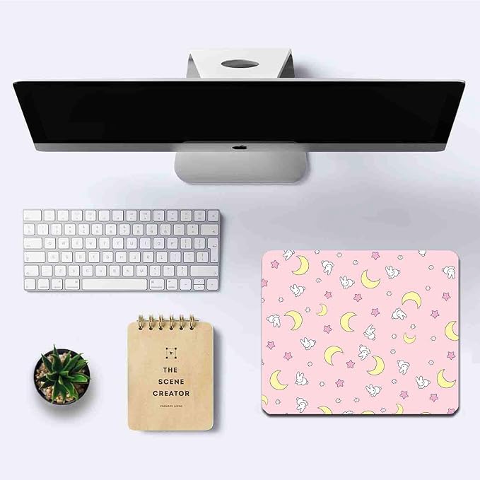 Pink Kawaii Mouse Pad, Cute Moon Bunny Small Mouse Mat,Aesthetic Anime Mousepad for Women Kids Office Home School, Computer PC Laptop Mice Pad, 9.5 x 7.9 Inch