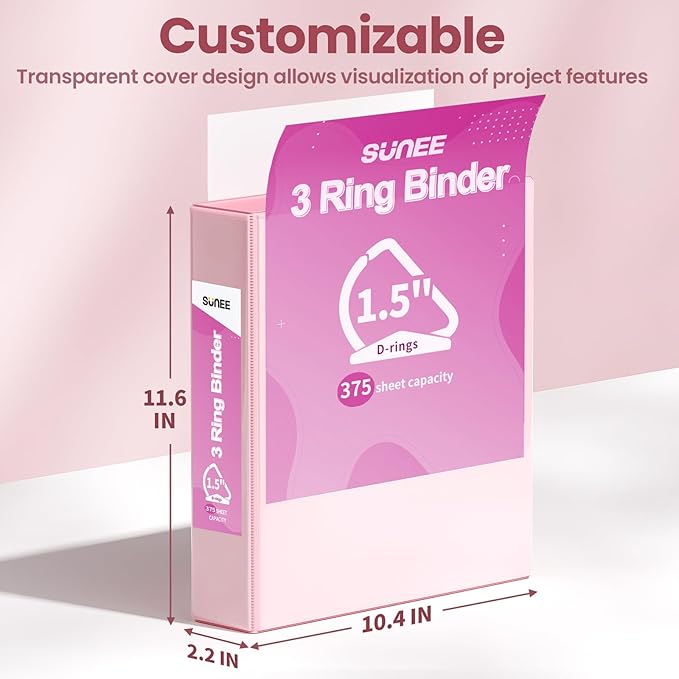 SUNEE 3 Ring Binder 1.5 Inch D Ring, Clear View Binder Three Ring PVC-Free (Fit 8.5x11 Inches) for School or Office Supplies, Assorted Pastel, 4 Pack