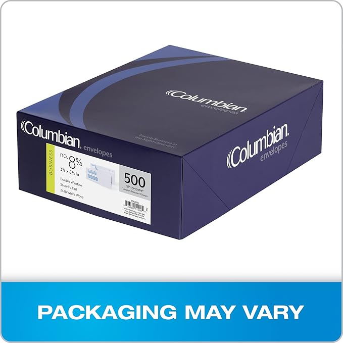 Columbian #8-5/8 Security Envelopes, Double Window Self Seal Envelopes for QuickBooks Checks and Business Mailings, Tamper Evident, 3-5/8" x 8-5/8", Durable 24 lb White Paper, 500 Count (Pack of 5)