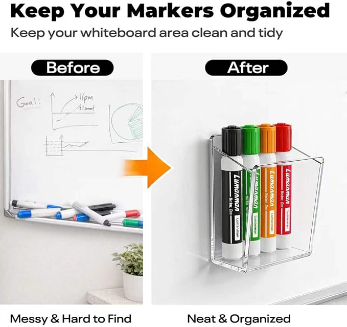 Acrylic Whiteboard Marker Holder, Magnetic or Adhesive Mount Marker Organizer for Fridge, Classroom and Office, Clear Dry Erase Marker Storage, Holds 8+ Markers