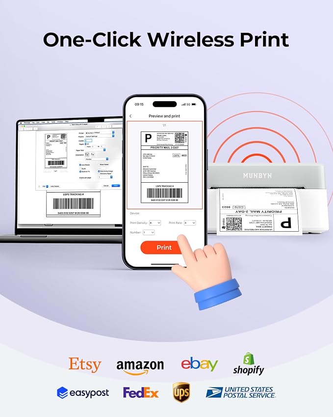 MUNBYN Bluetooth Thermal Label Printer, Wireless 4x6 Shipping Label Printer | Work for Small Business, Compatible with Android, iPhone, Windows, Mac, Chromebook, Print Width 1.57"-4.25"