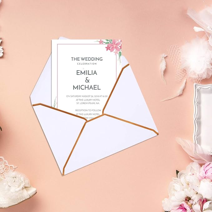 50 Pack A4 Envelopes White 4x6 with Gold Border, 4.25x6.25 | Self-Adhesive, V Flap, For Wedding, Graduation, Baby Shower, Parties, Invitations