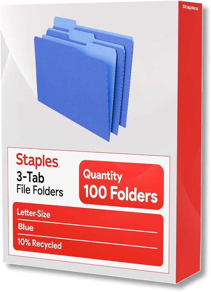 Staples File Folders, Letter Size, 1/3-Cut Top Tabs, Blue, 100/Pack | Durable 10.5-point paper stock for everyday office document filing.