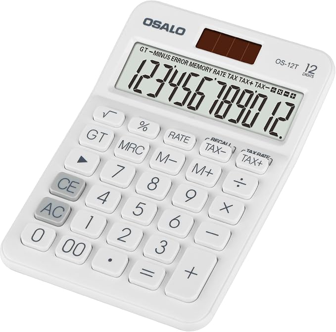 Pendancy White Pocket Calculator, 12-Digit Large Display, Dual Power | Basic Calculator for School and Office, Big Buttons, Solar & Battery, 30° Tilt, Tax, GT/MU, Symbols, 8-Min Auto-Off