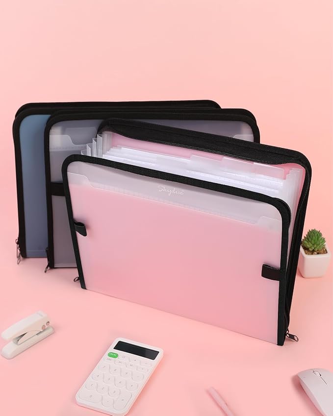 SKYDUE Accordion File Organizer, 7 Pocket Expanding File Folder with Front Pocket, Important Document Organizer with Double Zipper, School Office Supplies,Pink Folder