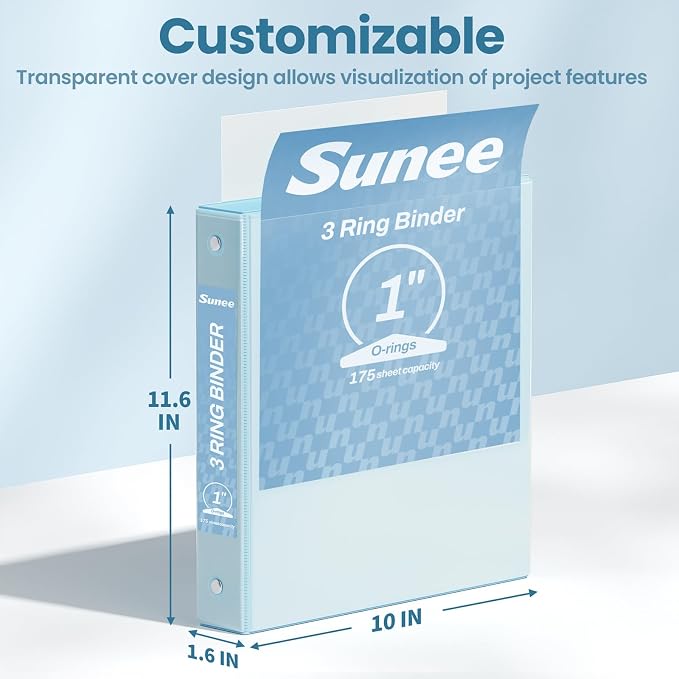 SUNEE 3 Ring Binder 1 Inch 1 Pack, Clear View Binder Three Ring PVC-Free (Fit 8.5x11 Inches) for School or Office Supplies, Pastel Blue