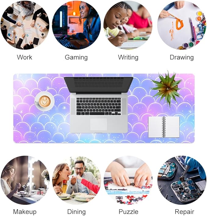 QiyI PU Leather Large Mouse Pad, Office Decor, 31.5" x 11.8", Mermaid Scale | Desk Décor Accessories, Extended Size, Waterproof & Easy to Clean, Smooth Surface, Non Slip Desk Organization