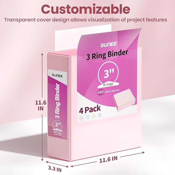 SUNEE 3 Ring Binder 3 Inch 4 Pack, 3" Clear View Binder Three Ring PVC-Free (Fit 8.5x11 Inches) for School or Office Supplies, Pink