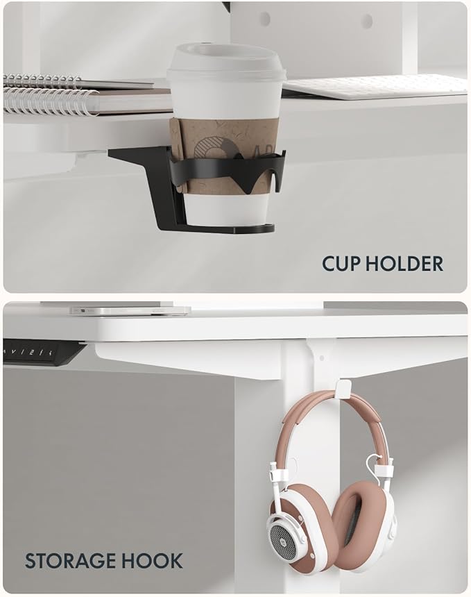 FLEXISPOT Standing Desk with Monitor Stand, 55 x 24 Inches One-Piece Electric Height Adjustable Computer Desk with Cup Holder for Home Office, White