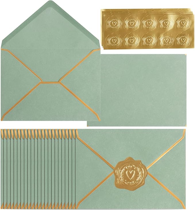 100 Pack A6 Envelopes 4x6 Sage Green Gold Border 6.5x4.75 Inches | With Gold Stickers, For Wedding Gift Cards, Invitations, Graduation, Baby Shower