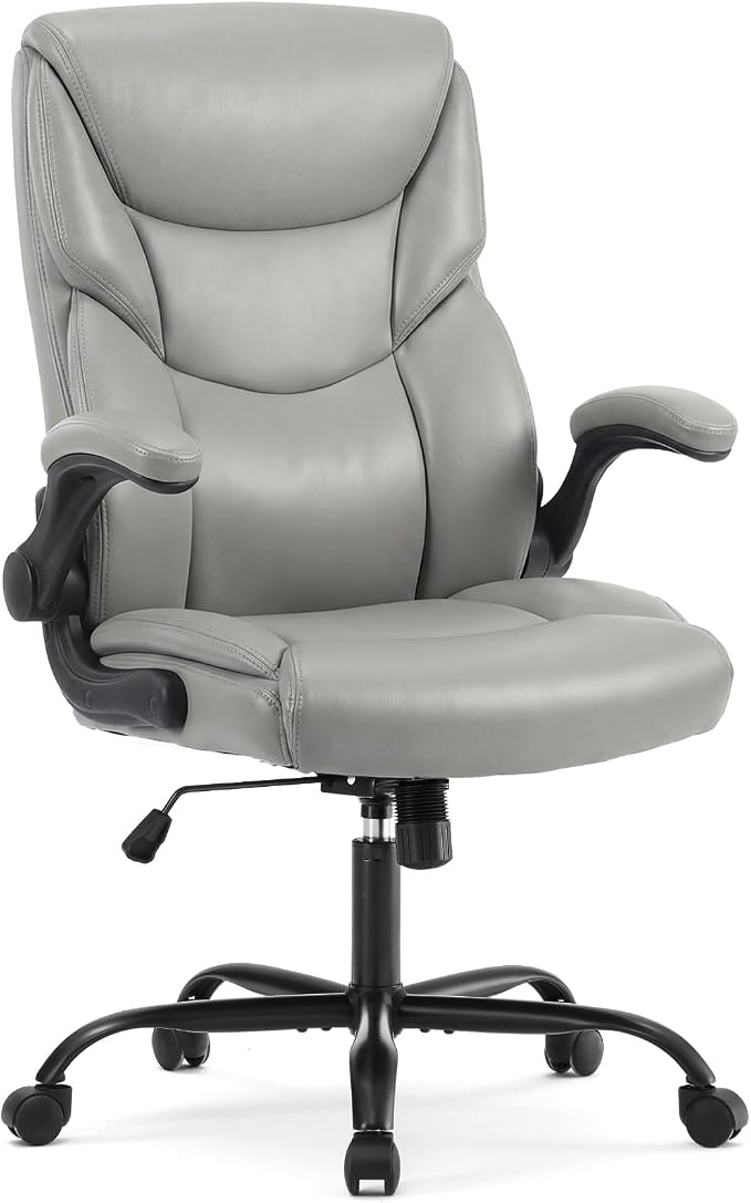DUMOS Office Chair, Leather Ergonomic Chair Lumbar Support, Grey | Ergonomic Executive Computer Desk, Flip-up Armrest Swivel Task, Strong Metal Base, Modern Comfy