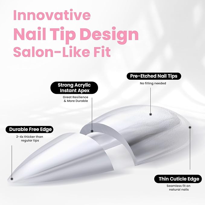 Beetles Tipex Instant Apex Nail Tips Kit with Dehydrator & Primer, Short Almond, 224PCS 16 Sizes, Reinforced Apex for Strong Long-Lasting Wear, 20g Solid Nail Glue, Mini UV Lamp, Base & Top Coat