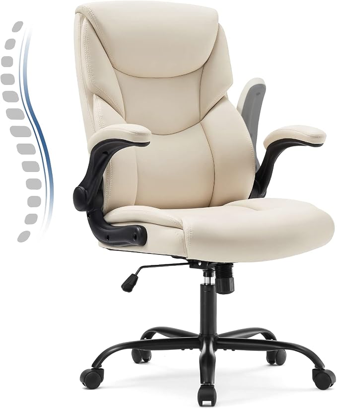 DUMOS Leather Office Chair, Computer Desk Chair, Lumbar Support | Adjustable Flip-Up Armrest, Swivel Rolling Wheels, Strong Metal Base, Cream White