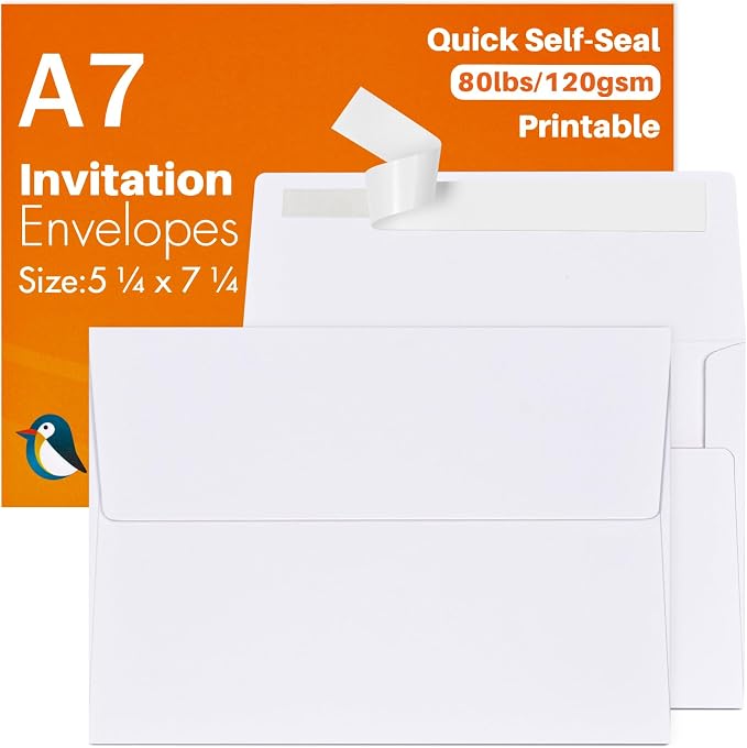 50 Packs 5x7 Envelopes, A7 White 5x7 Envelopes for Invitations,Printable,Quick Self Seal,envelopes for 5x7 cards,Weddings, Invitations, Photos, Graduation, Baby Shower,Postcards,Mailing,AZAZA