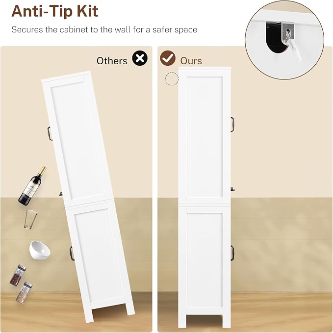 Tall Storage Cabinet with 2 Adjustable Shelves & 1 Large Drawer, Kitchen Pantry Cabinet with 4 Doors, Bathroom Storage Cabinets, for Living Room, Kitchen, Bathroom, White