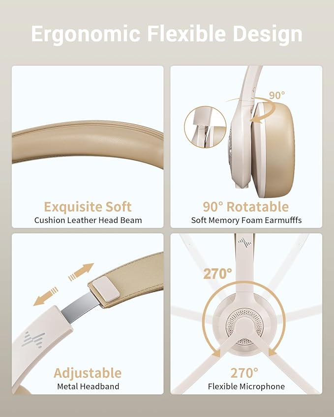 JIAMQISHI Wireless Headset with AI Noise Cancelling Microphone Bluetooth Headset - Bluetooth V5.2 Headphones with USB Dongle & Mic Mute for Computer/Laptop/PC/iPhone/Android/Cell Phones (White)