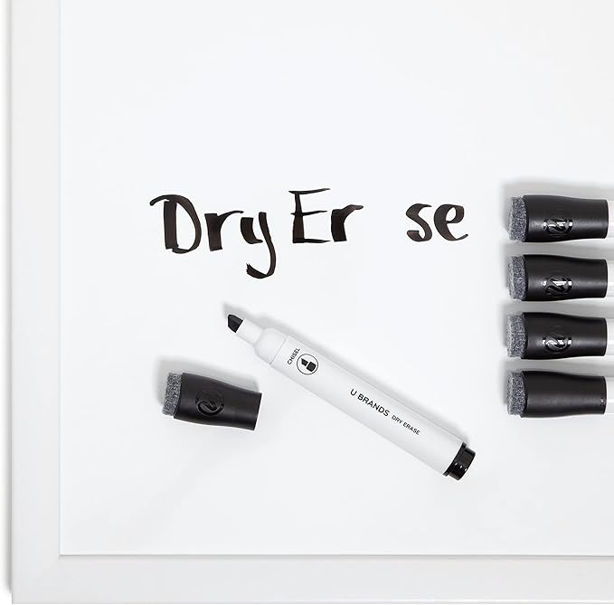 U Brands Fine Tip Dry Erase Markers with Eraser, Whiteboard Markers with Chisel tip, Low Odor, Black, Set of 5