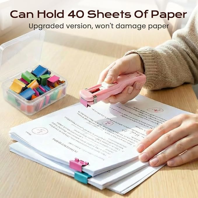 2 Pcs Portable Binder Clip Stapler, Handheld Paper Clam Clip Dispenser | Push Clips for Paper with 100 Refill Clips, Mini Handheld Push Stapler Clamps for Fixing Documents, School, Office