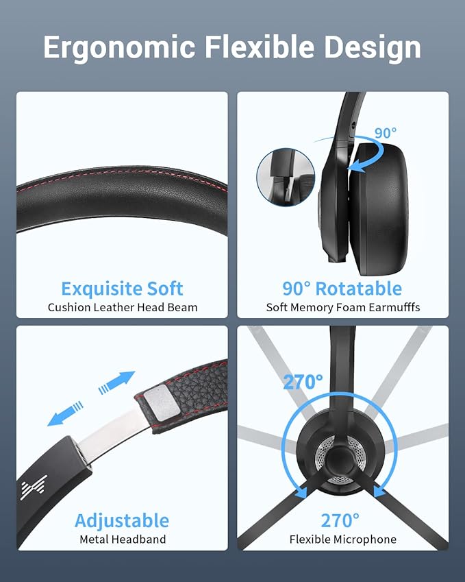 JIAMQISHI Wireless Headset with AI Noise Cancelling Microphone Bluetooth Headset - Bluetooth V5.2 Headphones with Mic Mute for Computer/Laptop/PC/iPhone/Android/Cell Phones (Without USB Dongle)