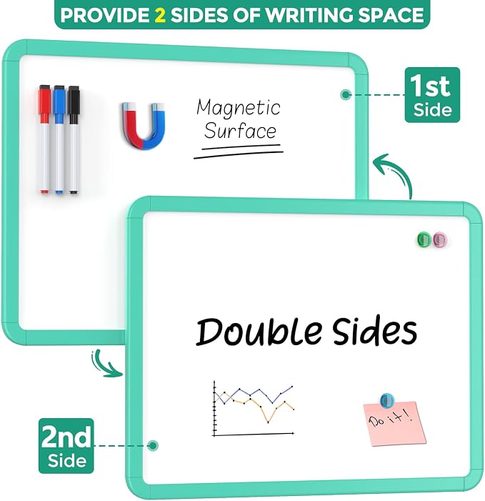 MaxGear 14" x 11" Double-Sided Dry Erase White Board for Wall, Green Frame | Small whiteboard hangable, Double-Sided design, Durable portable for home office kitchen, includes 3 markers & 3 magnets