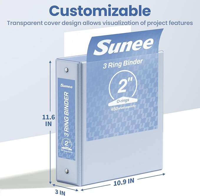 SUNEE 3 Ring Binder 2 Inch 1 Pack, Clear View Binder Three Ring PVC-Free (Fit 8.5x11 Inches) for School or Office Supplies, Haze Blue