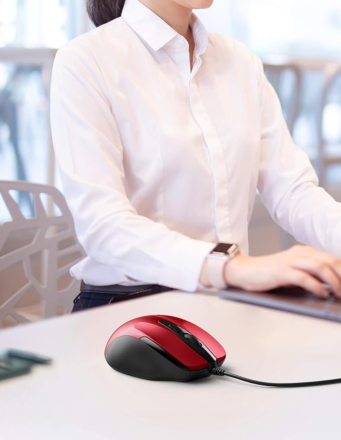 TECKNET USB Wired Mouse, 6-Button Corded Computer Mouse with 4 Adjustable DPI, Optical Computer Mice with Ergonomic Design and 5FT Cord for Laptop, Chromebook, PC, Desktop, Mac, Notebook - Dard Red