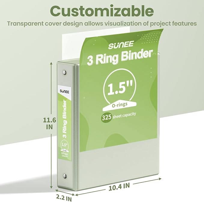 SUNEE 3 Ring Binder 1.5 Inch 2 Pack, Clear View Binder Three Ring PVC-Free (Fit 8.5x11 Inches) for School or Office Supplies, Sage Green