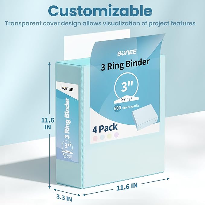 SUNEE 3 Ring Binder 3 Inch 4 Pack, 3" Clear View Binder Three Ring PVC-Free (Fit 8.5x11 Inches) for School or Office Supplies, Blue