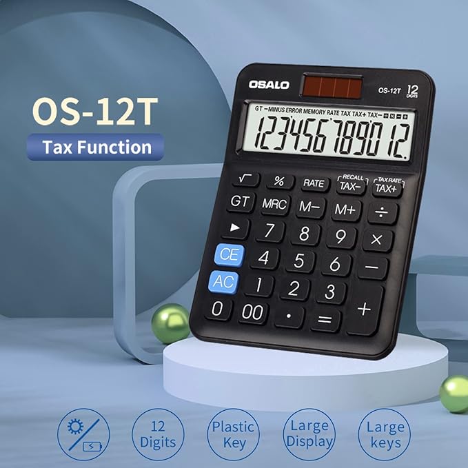 Pendancy Black Desktop Calculator, 12-Digit LCD, Tax Keys, Dual Power | Small Basic Calculator for Desk, Big Buttons, Solar & Battery, 30° Tilt, Tax, GT/MU, Operation Symbols, 8-Min Auto-Off