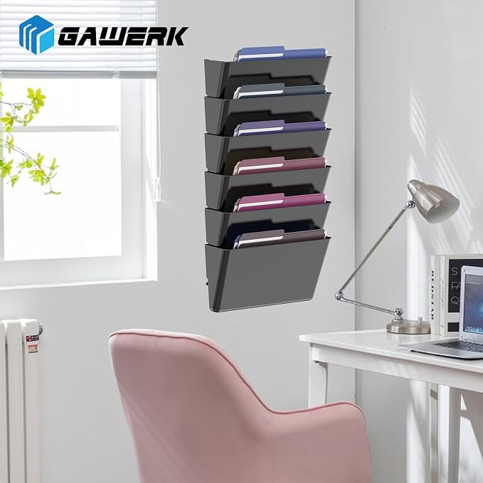 Gawerk Clear Acrylic Single Pocket, Plastic Hanging Wall Mount File Holder for Office Home (Black, 5 Pack)