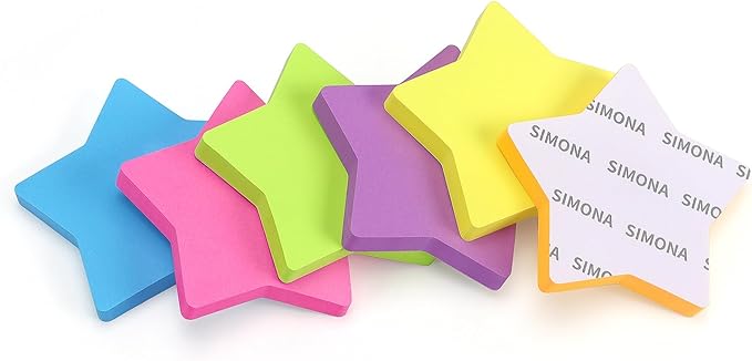 SIMONA Star Shape Sticky Notes 3x3 Inch, 6 Bright Colors, 450 Sheets | Cute Design Self-Sticky Note Pads, 6 Multiple Colors Sticky Notes for Office, School, Family
