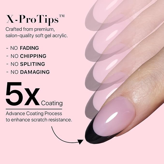 SXC Cosmetics French Tip Press On Nails 150 Pieces in 15 Sizes Ultra Fit with Pre-applied Tip Primer and Base Coat, No Need to File Fake Nails for Nail Art DIY X-Pro Tips (BLACK114-S Almond)