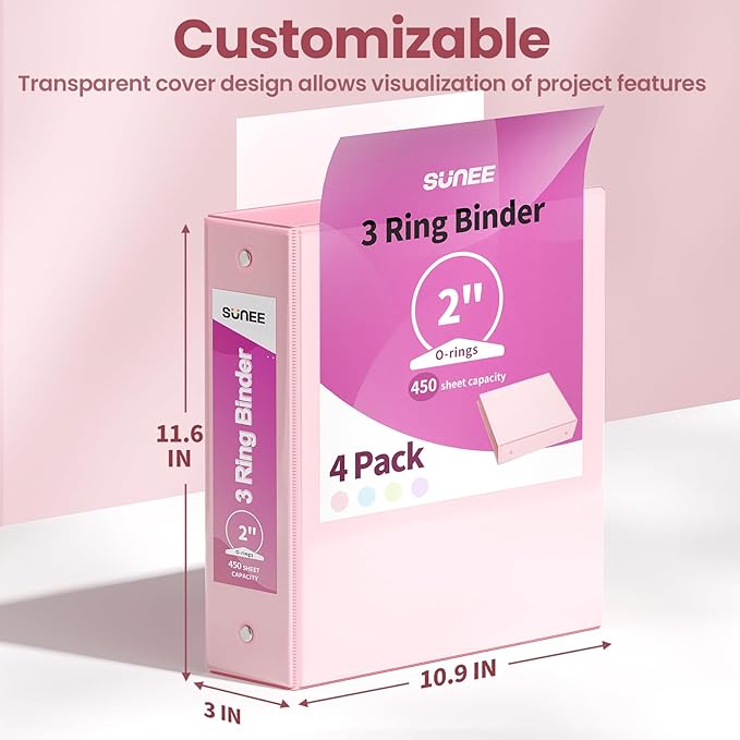 SUNEE 3 Ring Binders 2 Inch 4 Pack, Clear View Binder Three Ring PVC-Free (Fit 8.5x11 Inches) for School or Office Supplies, Assorted Pastel