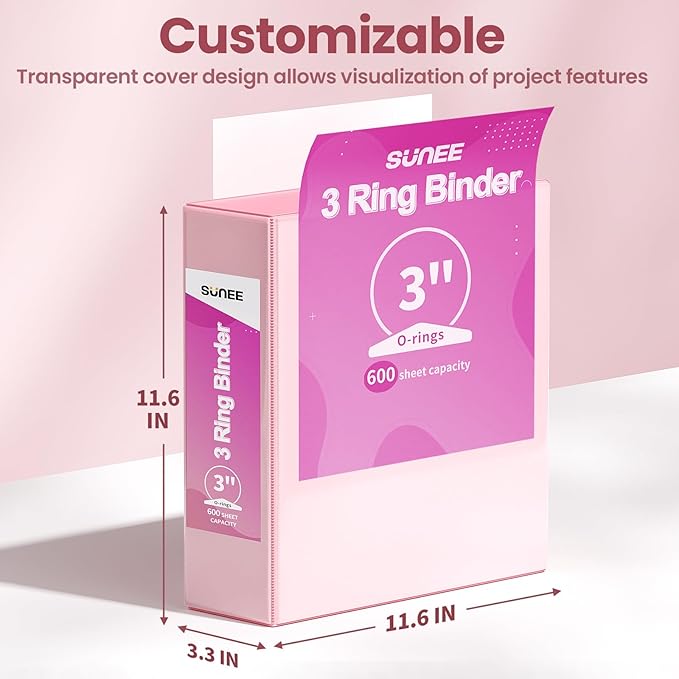 SUNEE 3 Ring Binder 3 Inch 2 Pack, Clear View Binder Three Ring PVC-Free (Fit 8.5x11 Inches) for School or Office Supplies, Pink
