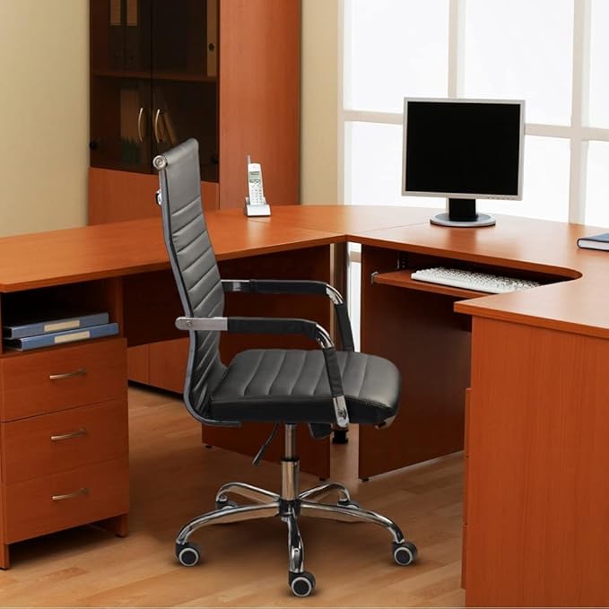 Furmax Ergonomic Office Desk Chair, Executive Ribbed Mid-Back PU Leather Conference Room Chair Adjustable Swivel Chair with Arms (1, Black)