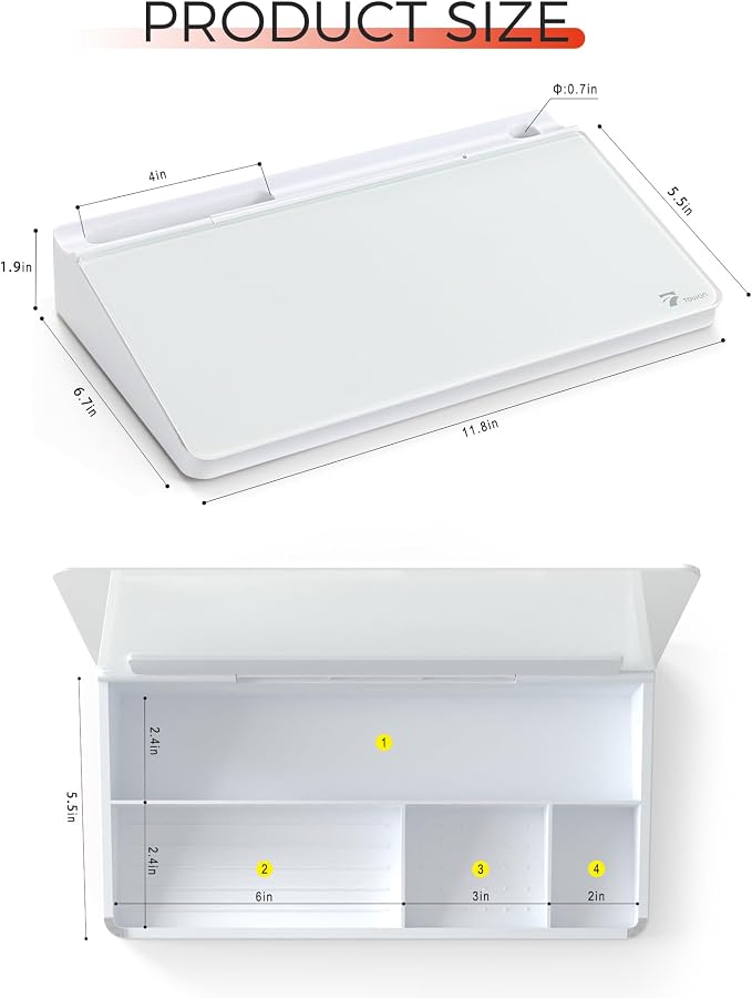 TOWON Compact Glass Desktop Whiteboard with Storage 12x7 in, White | Dry erase writing surface, 5 markers, eraser and holder included, for the office, home or school desk