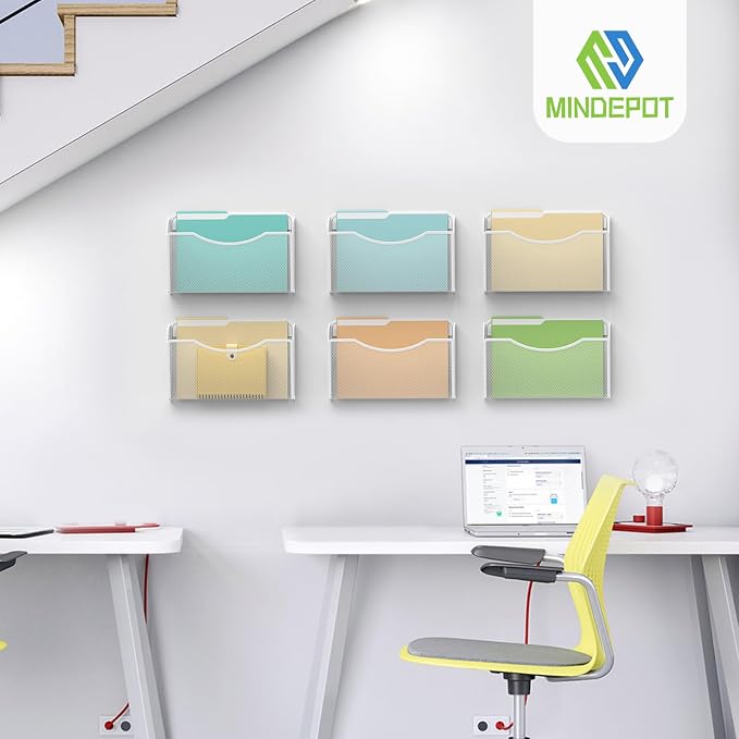 MINDEPOT Wall File Organizer, Hanging Wall File Holder, 6 Pack, Black | Heavy Duty Iron, Metal Mesh Wall Mount, Single Pocket, Mail Organizer, for Office School Classroom Home, Letter A4 Size