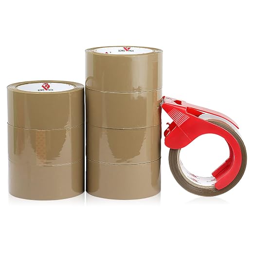 BOMEI PACK Heavy Duty Brown Packing Tape with Dispenser, 2.6 mil, 1.88 inch x 55 Yards 8 Pack, Ultra Strong, Refill for Industrial Shipping Box Packaging Tape for Moving, Office, & Storage