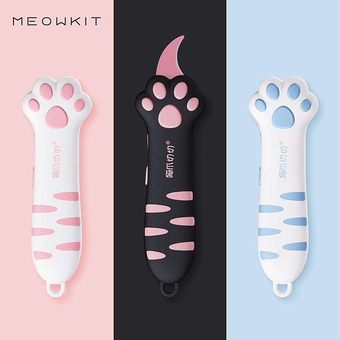 Cat Paw Box Cutter Retractable with Cat Paw Handle, Multifunctional Knife Set (Pink)