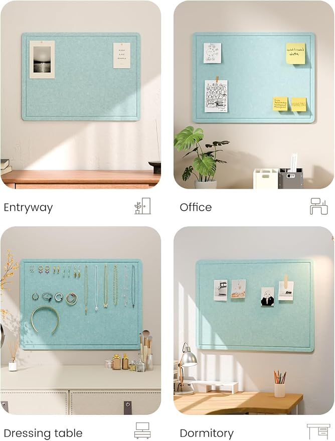 Fluxynara 23.6" x 17.1" Bulletin Board, Aqua Blue | Cork Board Alternative with 12 Removable Adhesive Tabs, Foldable Felt Pin Board for Home, Office, Classroom & Dorm