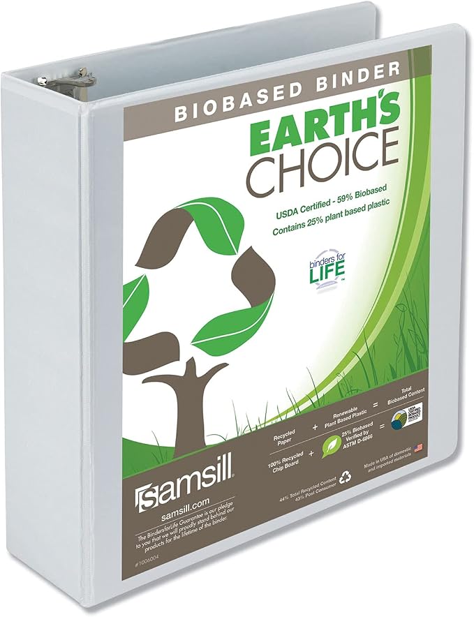Samsill Plant-Based 3 Inch Durable Round Ring, View Binder, Eco-Friendly, USDA Certified Biobased, Single, White