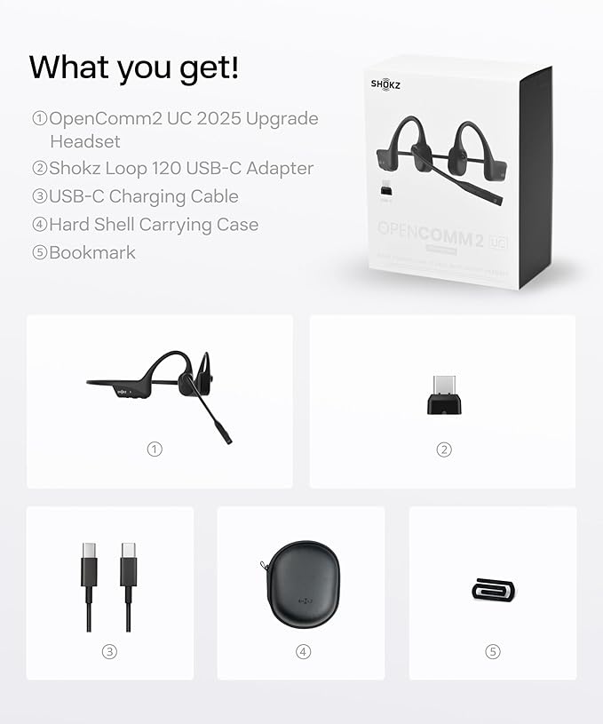 SHOKZ OpenComm2 UC 2025 Upgrade - Open-Ear Wireless Computer Headset with Boom Mic, Bone Conduction Bluetooth Stereo Headphones, USB-C Dongle Compatible with PC and Mac, Zoom Certified - C120 UC