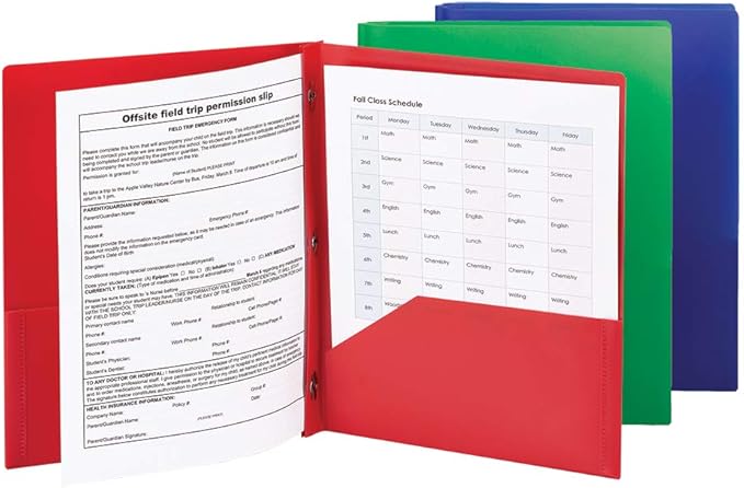 Smead Poly Two-Pocket Folder,Three-Hole Punch Prong Fasteners,Letter Size,Assorted Colors,3 per Pack (87737),(Pack of 2)