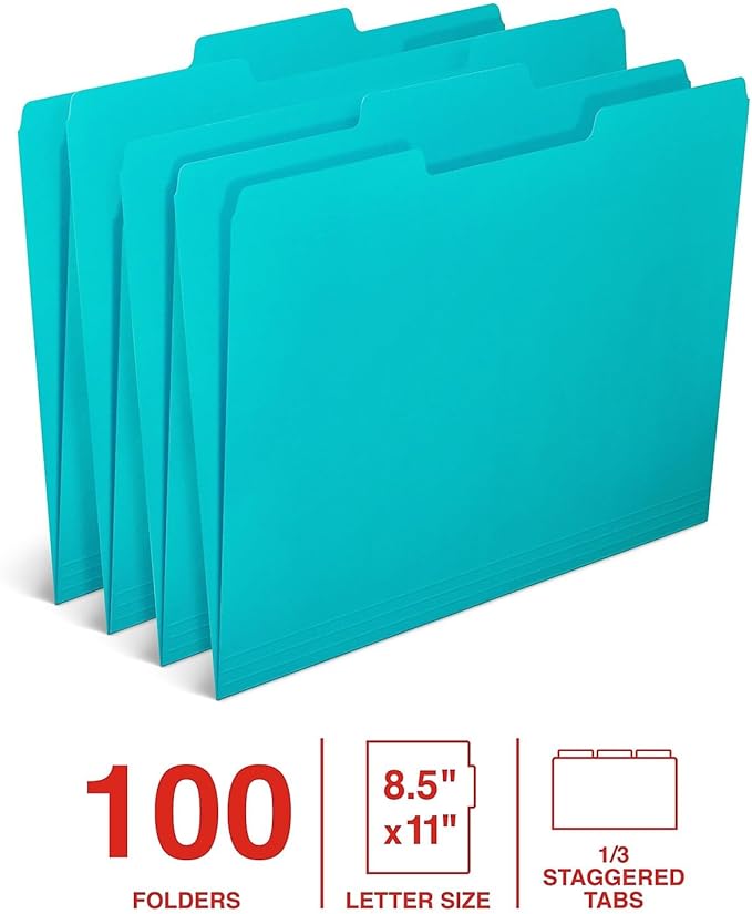 Staples Colored File Folders, Letter Size, 1/3-Cut Tabs, Teal, 100/Bx | Durable paper stock for everyday office document organization and filing.